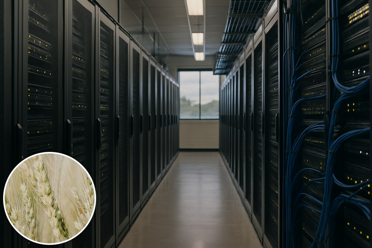 Illustrative server-rack aisle with a cereal-ear inset; not a depiction of the proposed Western Downs campus.