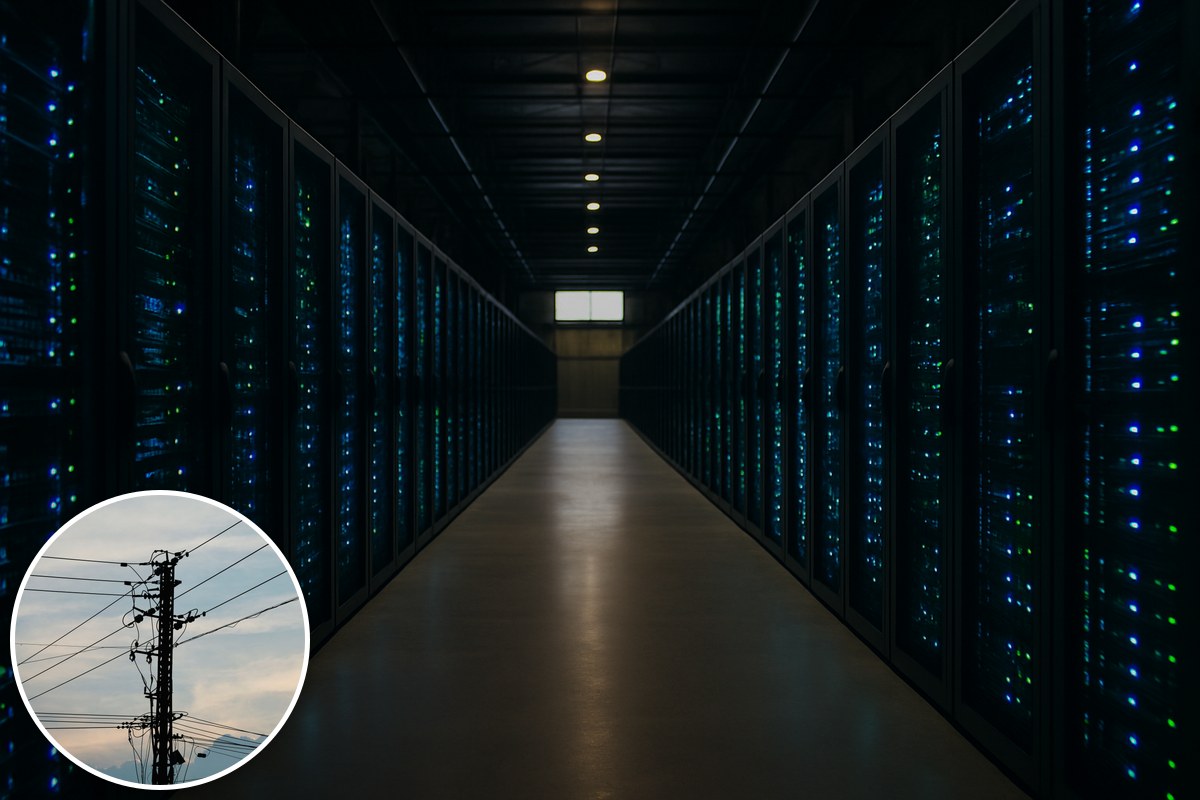 A dark data hall corridor of glowing server racks, with a power pole inset.