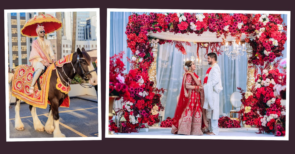 A diptych: a groom rides a decorated horse through the city under a fringed umbrella, and a couple hold hands beneath a mandap covered in red and white roses.