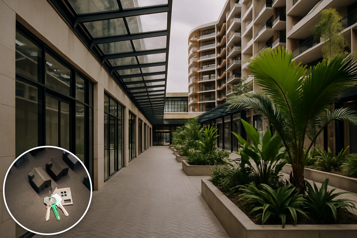 Generic illustrative retail arcade with subtropical planting and a house-keys inset; not a depiction of Wintergarden or the proposed design.